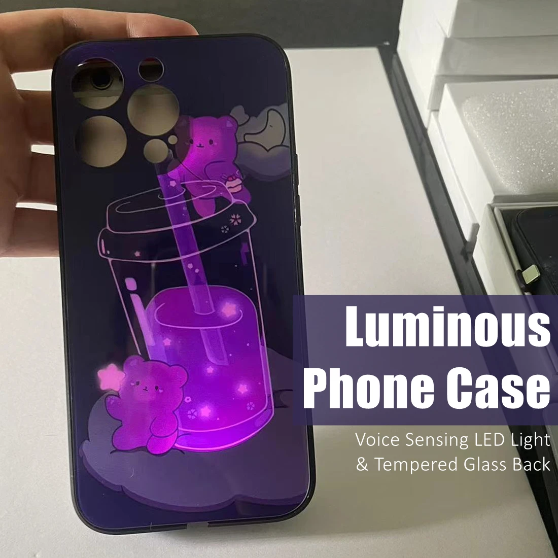 

Cute Bear Cup Colorful LED Light Glow Luminous Tempered Glass Phone Case for Xiaomi 11 12 13 Mix 2 3 4 Redmi K60 Pro Lite Ultra