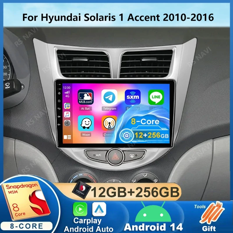 Автомагнитола для Hyundai Solaris Verna Accent 1 2010 - 2016 Android 14 Carplay мультимедийный плеер 2 Din GPS 4G