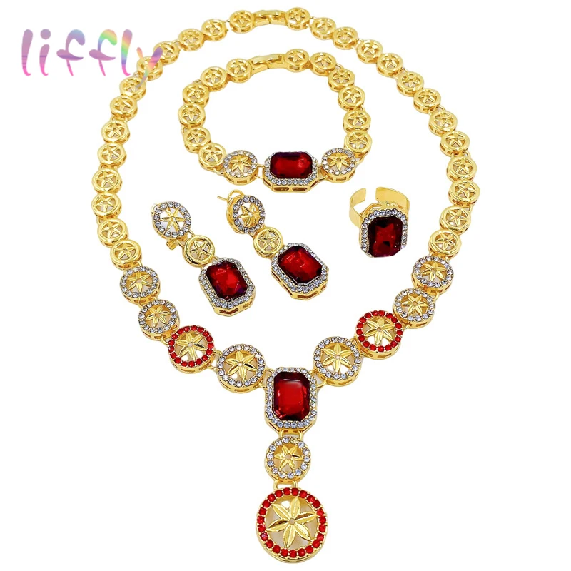 

Dubai Wedding Jewelry Sets for Women Luxury Red Crystal Necklace Pendant Bracelet Charm Bridal Earrings Ring