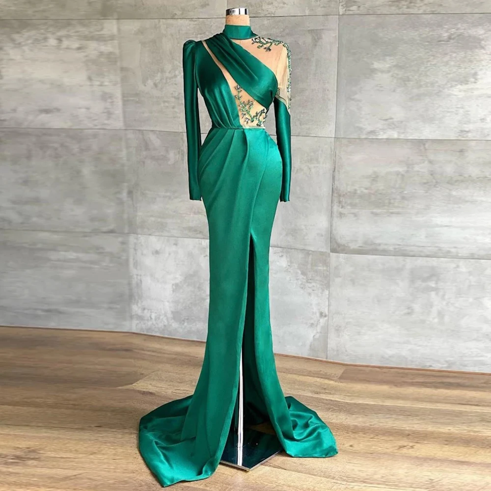 

Gorgeous Green Mermaid Satin Evening Dresses Women's Sexy Side Split Long Sleeve Off Shoulder Prom Gowns Beach Princess Formal
