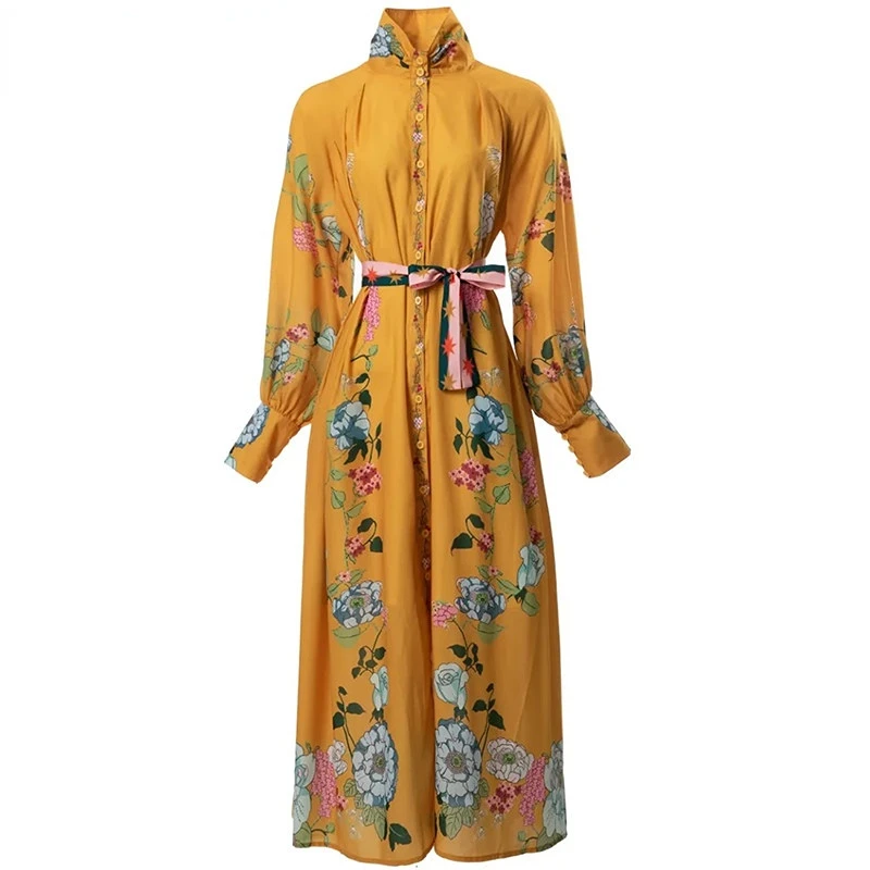 

Dresses For Women 2023 Runway Luxury Designer High Quality Stand Collar Lantern Long Sleeve Flower Printing Lace-up Dress