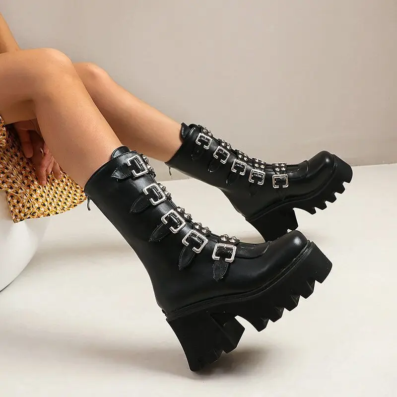 

Winter Gothic Punk Womens Platform Boots Black Buckle Strap zipper Creeper Wedges Shoes Mid Calf Military Combat Boots