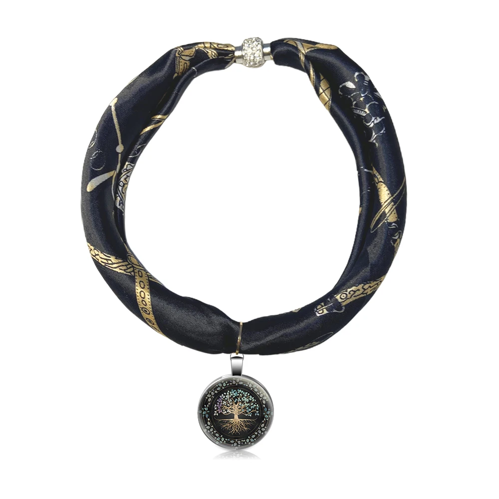 

Luxury Brand Pendant Necklace Silk Scarf Bohemia Women Hijab Female Silver Alloy Glass Accessories Gift Tree of Life