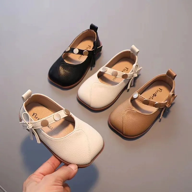 Congme Fashion Girls Leather Shoes Retro Bow Flat Shoes For Kids White Black Doll Shoes Casual Shoes