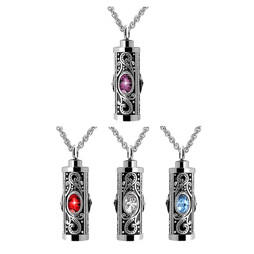 

Crystal Stainless Steel Cylinder Cremation Urn Ashes Pendant Necklace Birthstone Memorial Jewelry For Human Dropshipping