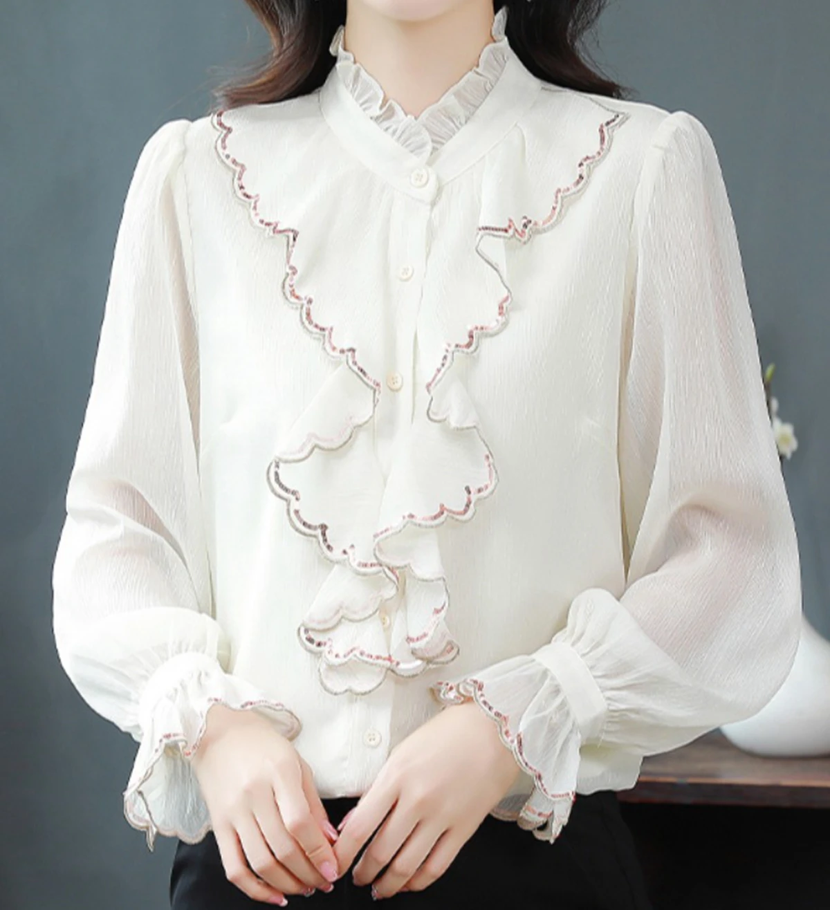 

Beige Pink Sequins Ruffles Chiffon Shirts Blouses Women's 2023 Autumn New Fashion Elegant Long Sleeve Shirt Top
