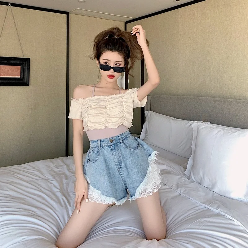 Summer High Waist Lace Hot Shorts Women's Beach Loose Oversize Short Jeans Female Decals Hole Washed Denim Shorts Female Fashion