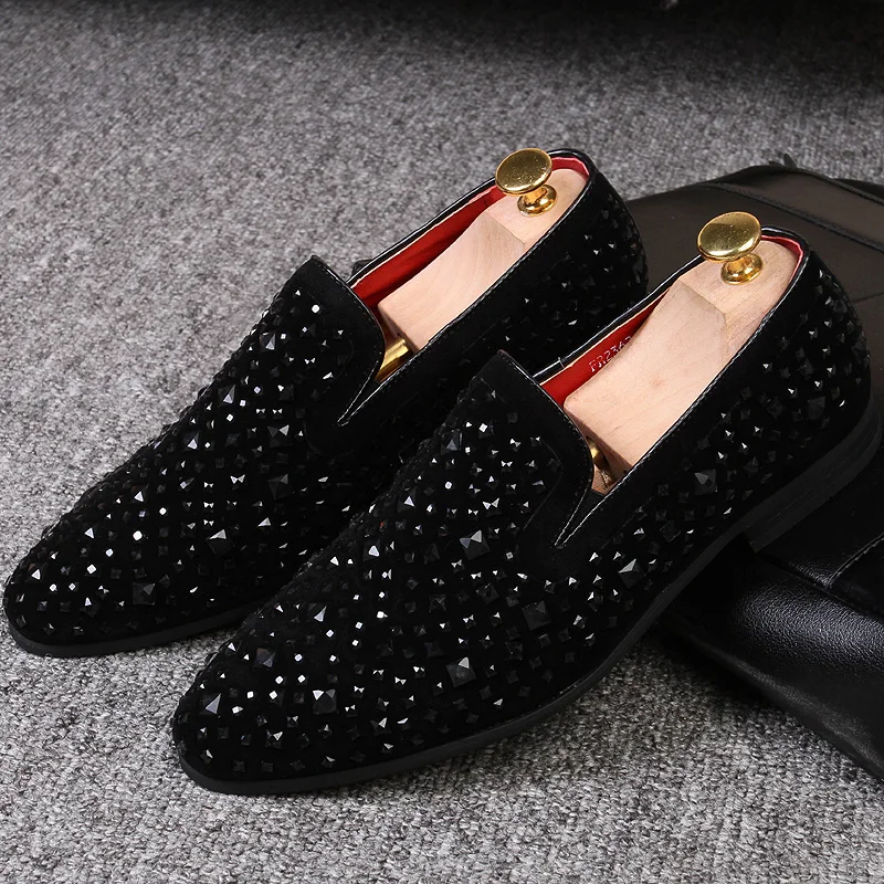 

Брендовые черные благородные мужские классические туфли, бархатные Роскошные Мокасины с кристаллами, мужские лоферы, деловая Мужская обувь для офиса