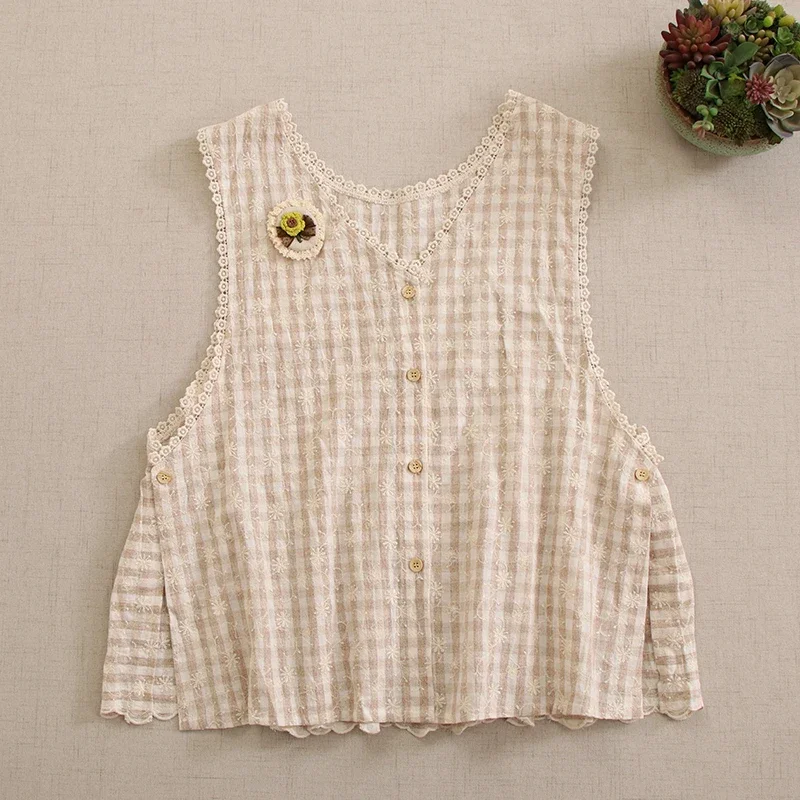 Женский хлопковый топ без рукавов милый клетчатый в японском стиле с вышивкой