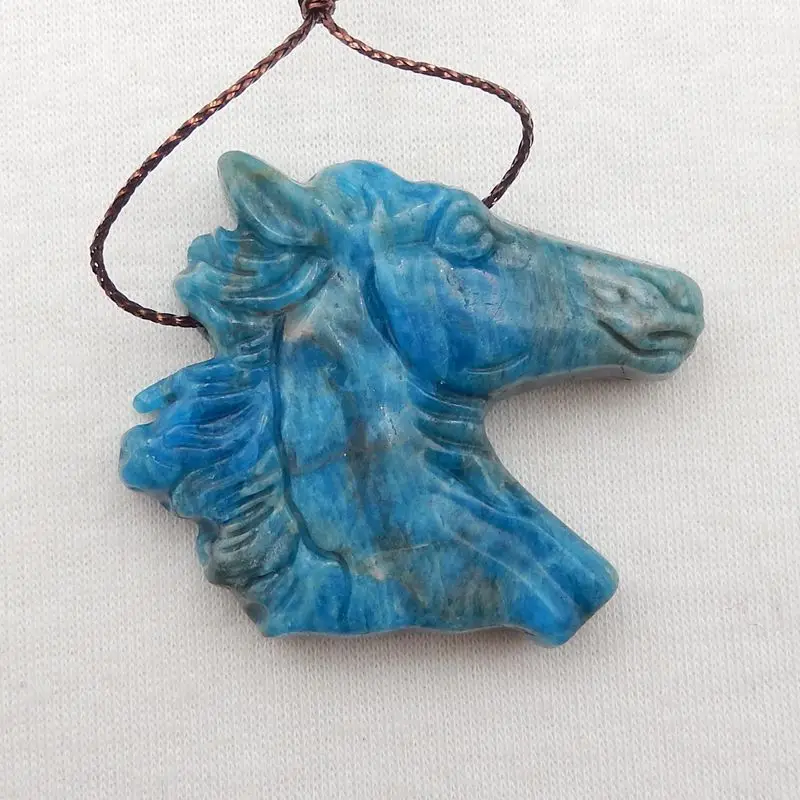 Semiprecious Natural Stone Blue Apatite Crystal Carved Horse Head Pendant Bead 43x38x10mm30gFashion Jewelry Necklace Accessories