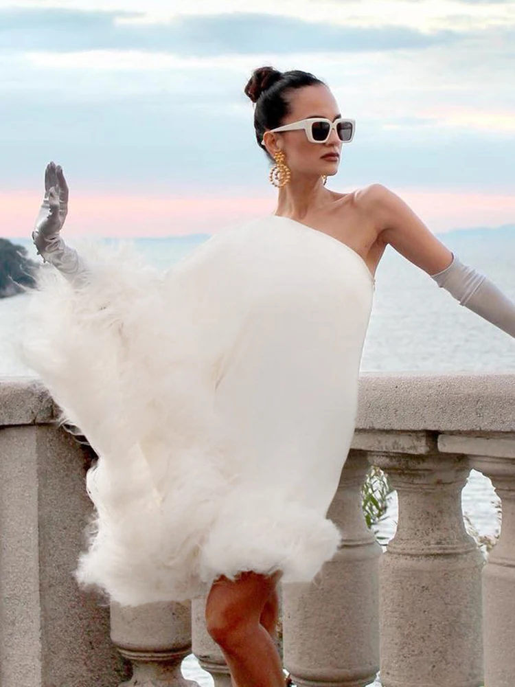 

wsevypo Feather Trim Elegant Party Mini Dress Women One Shoulder Long Sleeve Night Club Evening Dresses Gown Vestidos 2023 New