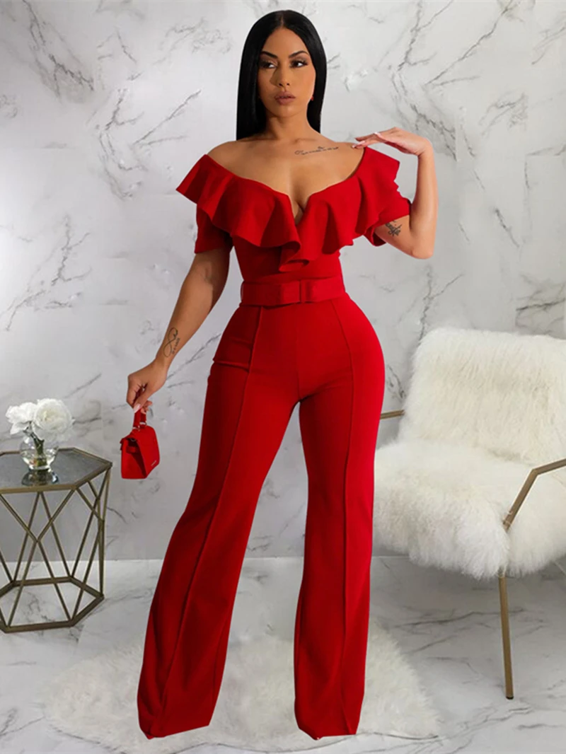 

Женский элегантный комбинезон с рукавом-бабочкой и V-образным вырезом