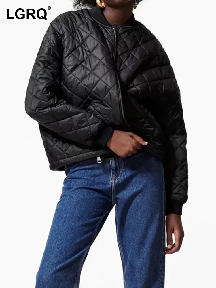 

LGRQ Fashion Women's Argyle Coat New Stand Collar Loose Zipper Solid Long Sleeve Black Jackets Female Tide Autumn 2023 19J1450