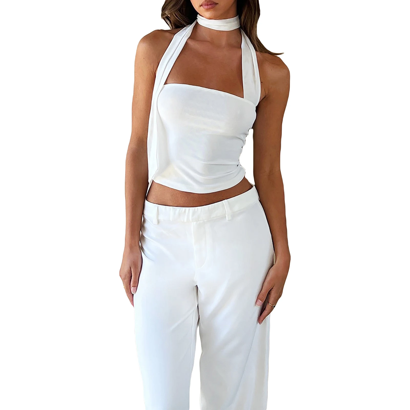 

Women Y2k Boho Halterneck Tops Summer Casual Floral Print/ Solid Color Backless Sleeveless Crop Tops Korea Fashion Streetwear