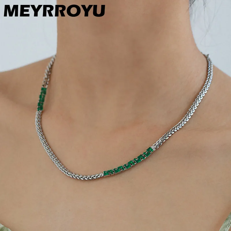 

MEYRROYU Hip Hop Emerald Zirconia Snake Chain Necklace For Women Men Punk Hot Jewelry Friend Gift Party Rock choker collar