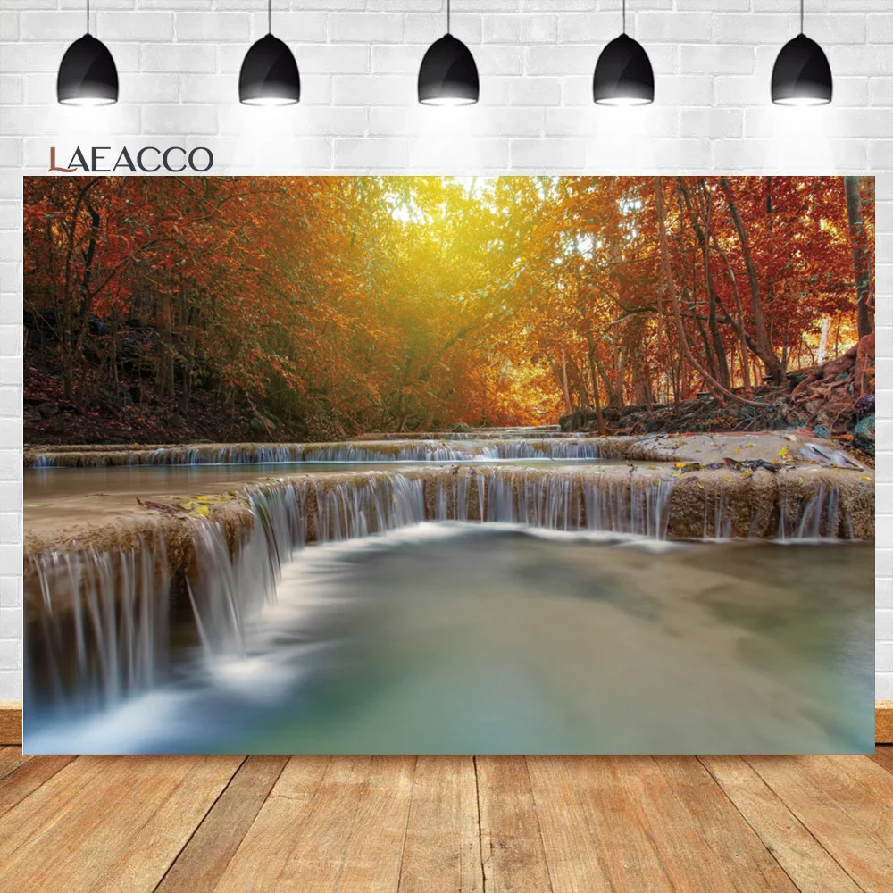 

Laeacco Waterfall Photography Backdrops Autumn Maple Trees Fallen Leaves Lake River Natural Landscape Kids Portrait Background