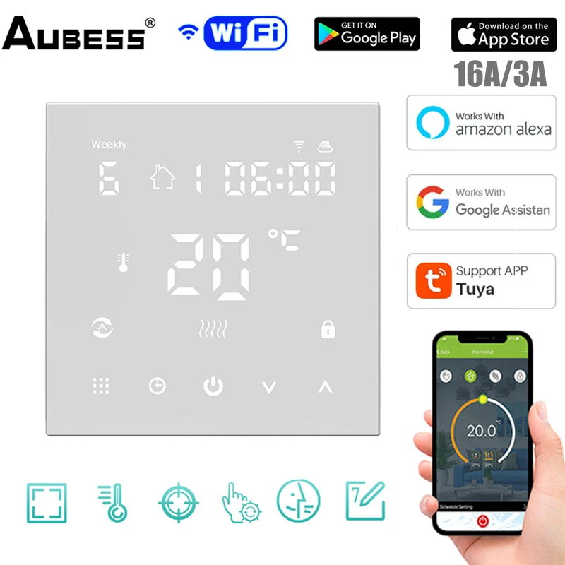 

Aubess Tuya WiFi Smart Thermostat, Electric Floor Heating Water/Gas Boiler Temperature Remote Controller For Google Home, Alexa