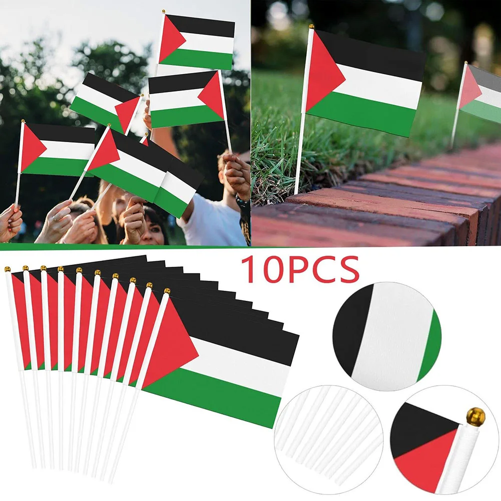 

10pc Palestine Flag Small With Pole 14x21cm Palestine Hand Waving Flag Double-sided For Children Adults Home Festival Decoration