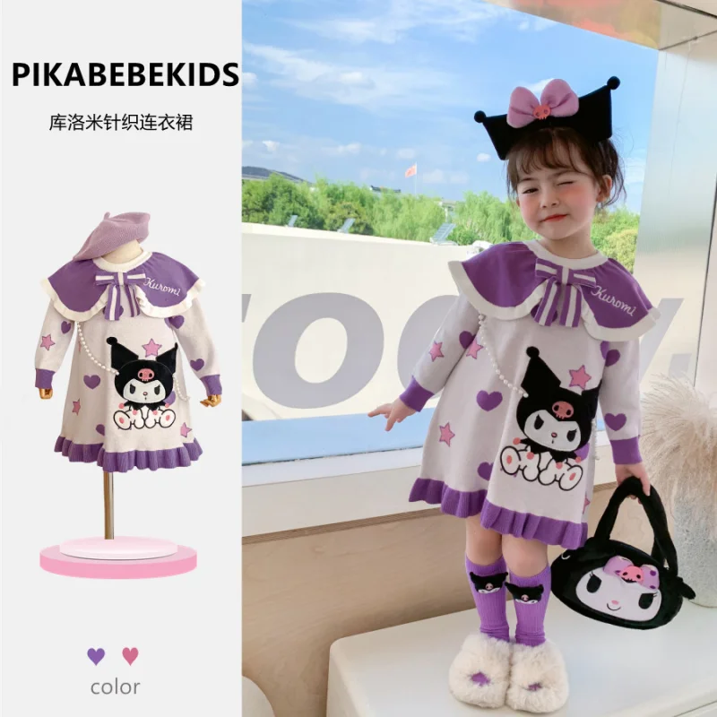 

Autumn Winter Cartoon Kawaii Sanrio Kuromi Girls Dress Lace Lapel Star Love Jacquard Children's Dress Long-Sleeved Knitted Dress