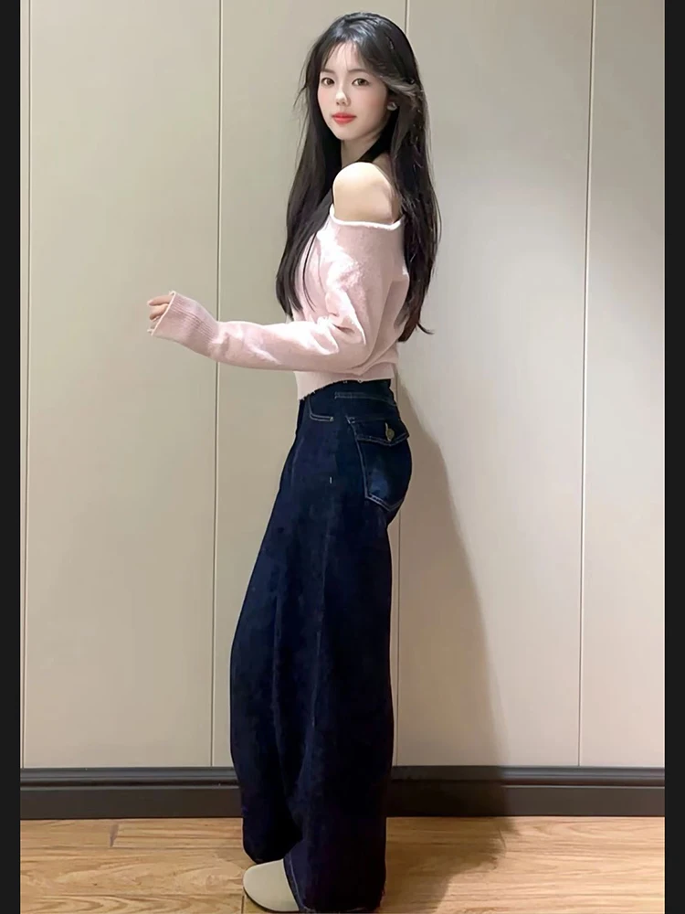 Pure Desire Sweet Gyaru Waist Hugging Pink Sloping Shoulder Sweater Women Autumn and Winter 2024 New Small Short Knit Top