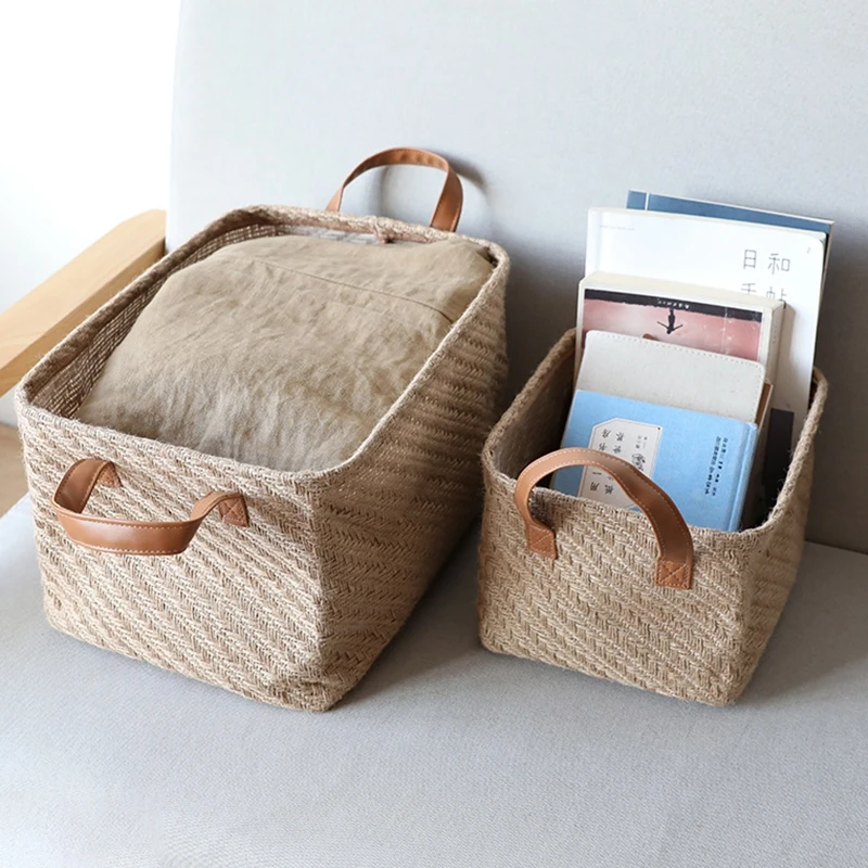 

Folding Storage Basket Jute PU Storage Box Closet Clothes Organizer Desktop Snacks Sundries Boxes Laundry Baskets with Handle