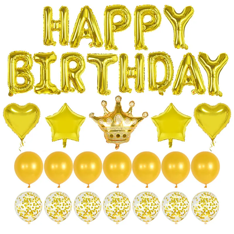 

43Pcs Happy Birthday Balloons Set Gold Hearts Stars Confetti Crown Balloons Decoration Birthday Party Decor Photo Background