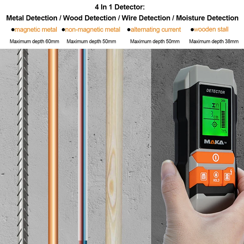 

4 In 1 Metal Detector Max Detection Depth 60MM Wiring Cable Wood Moisture Meter AC Voltage Live Wire Tracker Scanner Stud Finder