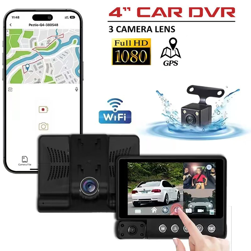 

Автомобильный видеорегистратор, 3 канала, HD 1080P, WiFi, GPS