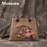 motaora new fashion genuine leather handbag for womens large capacity vintage bag floral pattern retro style cowhide tote bags