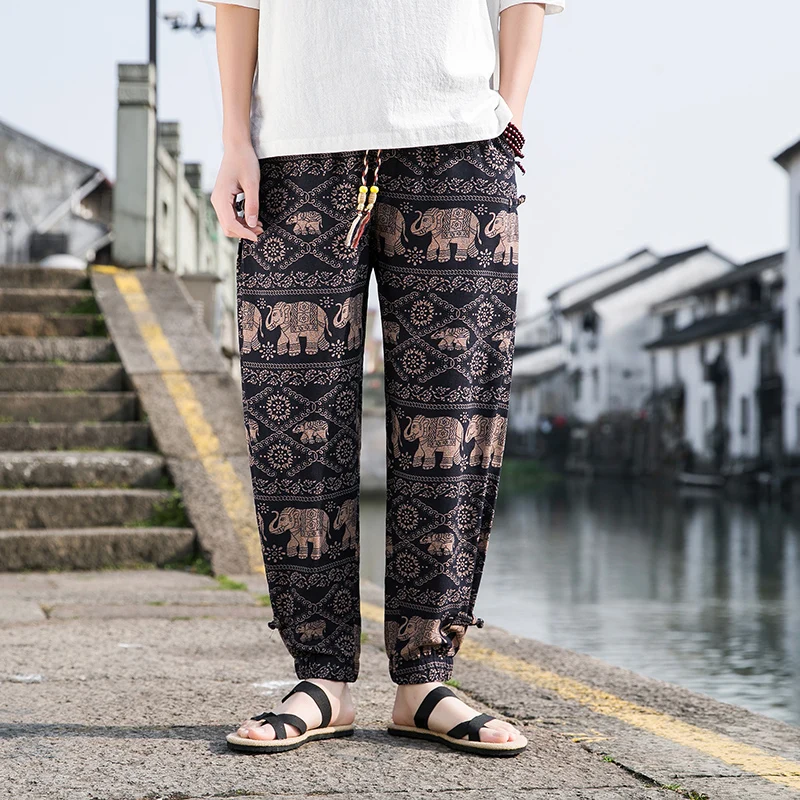 

Summer Cotton Harem Pants Mens Hemp Casual Trousers Male Loose Wide Leg Pants Folk Style Lantern Pants Thailand Elephant Printed