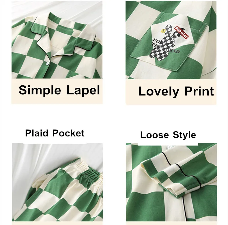 Spring Autuum Fashion Women's Casual Print Bear Pocket Sleepwear Homewear Cute Lovely Couple Pajamas Set With Pants Plaid Green