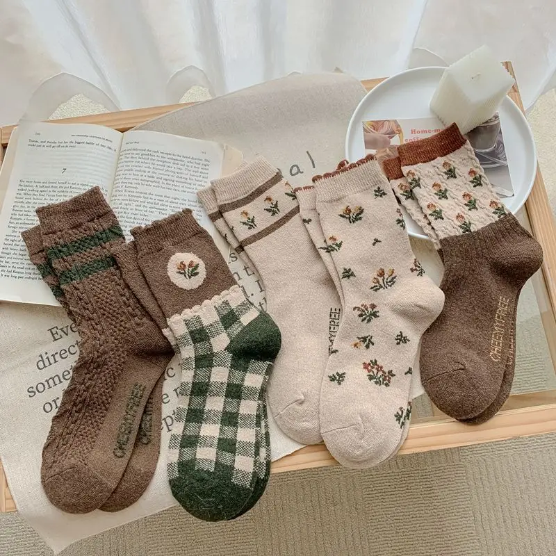 

Осенне-зимние женские носки, японская мода, хаки, цветочные винтажные длинные носки Харадзюку, шерстяные кашемировые толстые теплые термон...