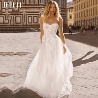 spaghetti straps tulle elegant boho wedding dresses 2022 sweetheart appliques bride gowns sweep beach bridal robe de mari%c3%a9e