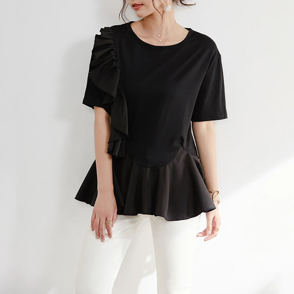 

Asymmetric Ruffle Women Summer Slim T-Shirt Black Fashion Elegant Casual Tees Office Lady Dating Girl Sweet Tops Korean Style