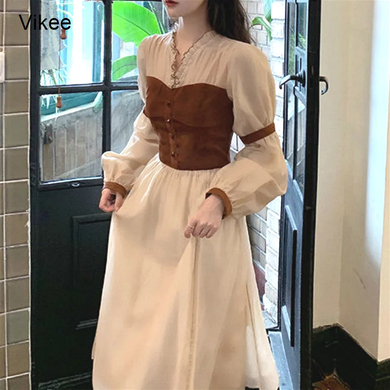 

Винтажное платье-миди Vikee, женское Повседневное платье с V-образным вырезом и длинным рукавом, для вечерние, ретро, женское французское вечер...