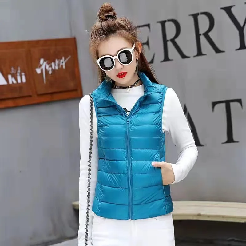 Lightweight Down Jacket Vest Ladies Stand Collar Short Zipper Pocket Loose Casual Vest Down Jacket Coat Top Female