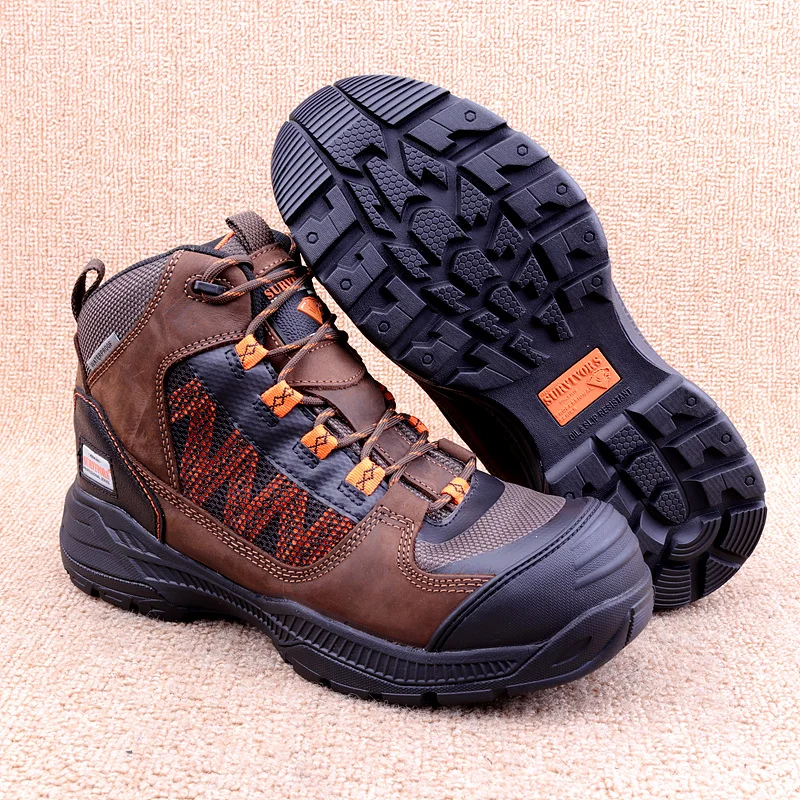 

SURVIVOR Mens Anti-smashing steel toe cap genuine leather working boots men`s oilproof breathable working welding trekking boots