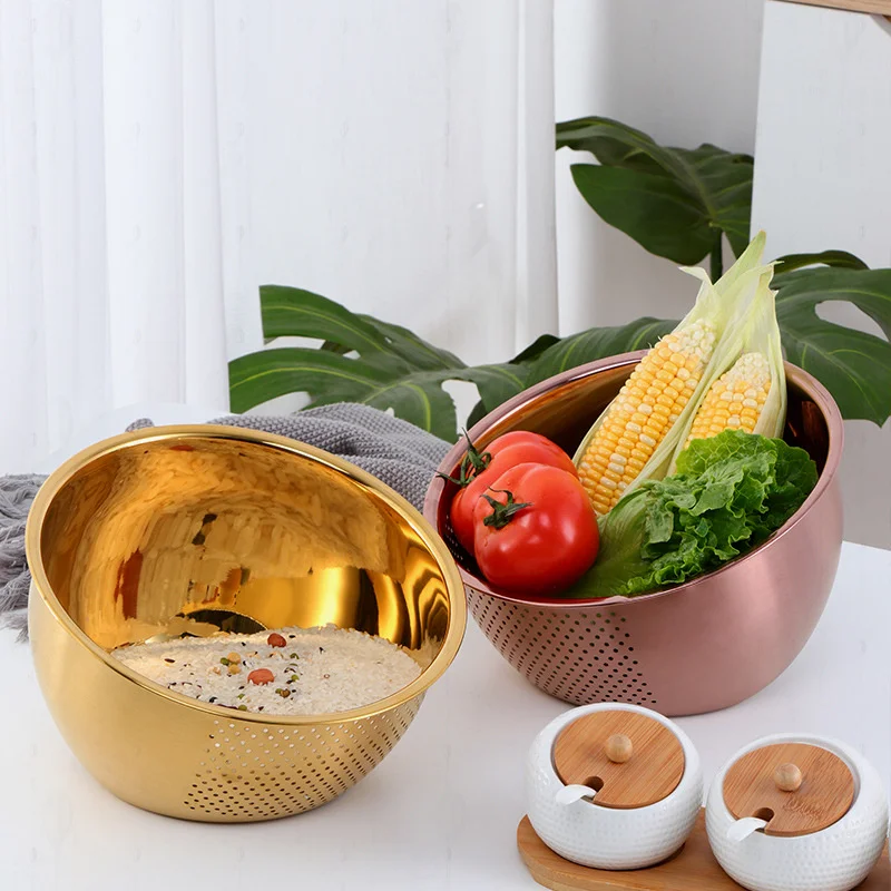 1pc strainer basket stainless steel washing filter rice rose gold strainer colorful basket sieve drainer kitchen gadget free global shipping