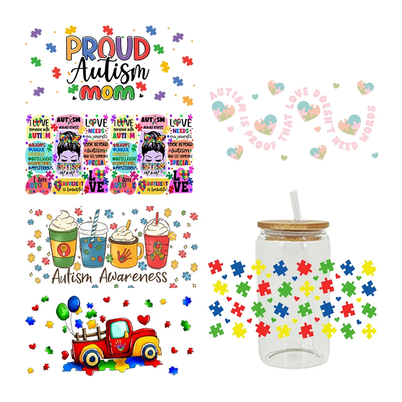 Мультяшный аутизм 3D UV DTF переводная наклейка для 16oz Libbey очки обертывает бутылки
