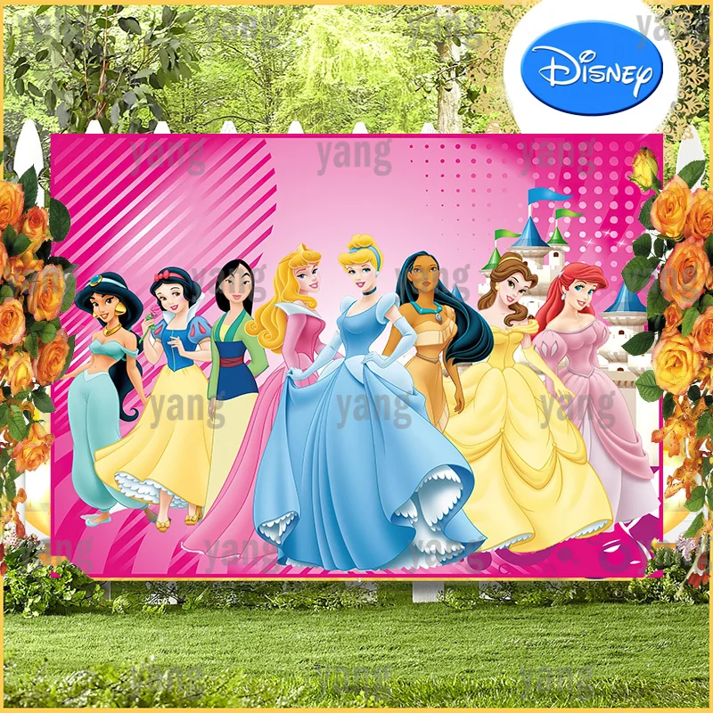 Lovely Disney Castle Banner Wedding Mulan Aladdin Belle Backdrop Princess Happy Birthday Party Pink Background Cloth Baby Shower