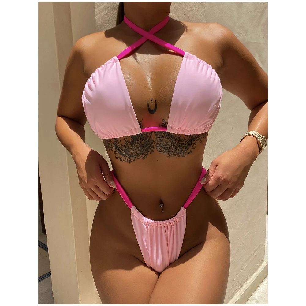 

Sexy Halter Pink Wrinkled Strappy Bikini Set High Cut Female Swimsuit Women Solid Colours Thong Swimwear Push Up Bathing Suit