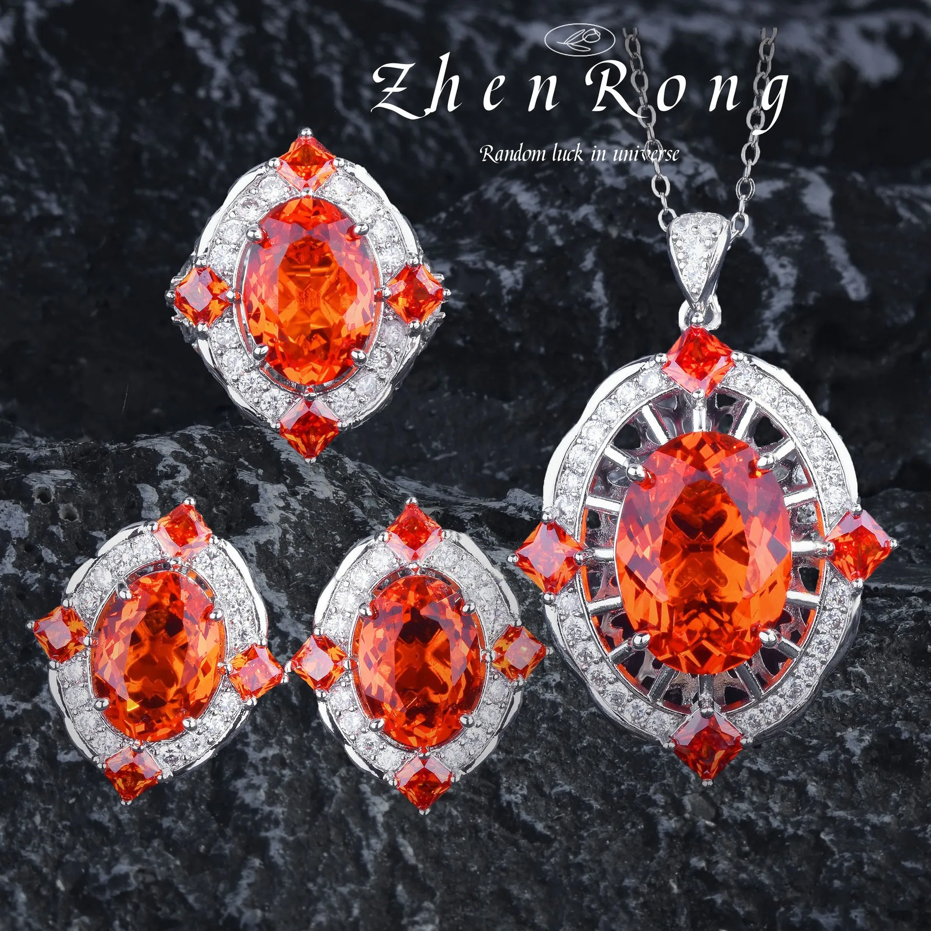 

Luxury High Carbon Diamond Orange CZ Gemstone Pendant Necklaces/Earrings/Rings Wedding Engagement Fine Jewelry Sets For Women