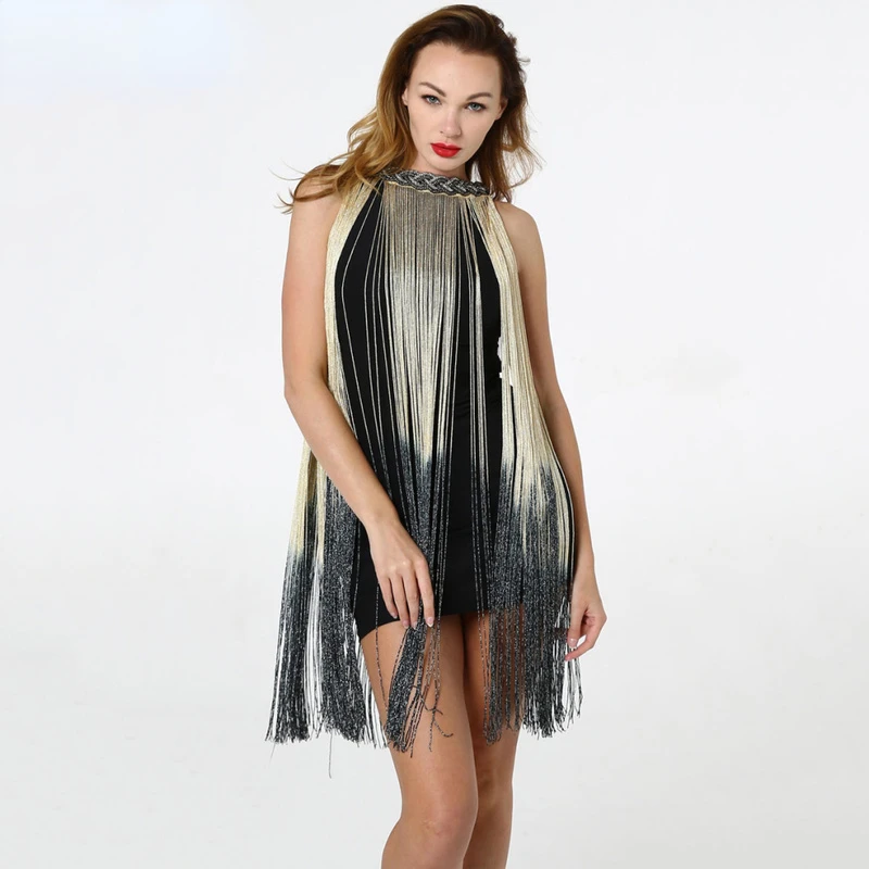 

Great Gatsby Ombre Metal Chain Halter Black 1920s Fringe Flapper Charleston Dress Robe Sexy Party Bodycon Club Dress Vestido