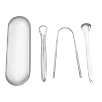 3pcset tongue scraper cleaner with travel handy case dental brush bad breath kit metal for adults eliminate professional