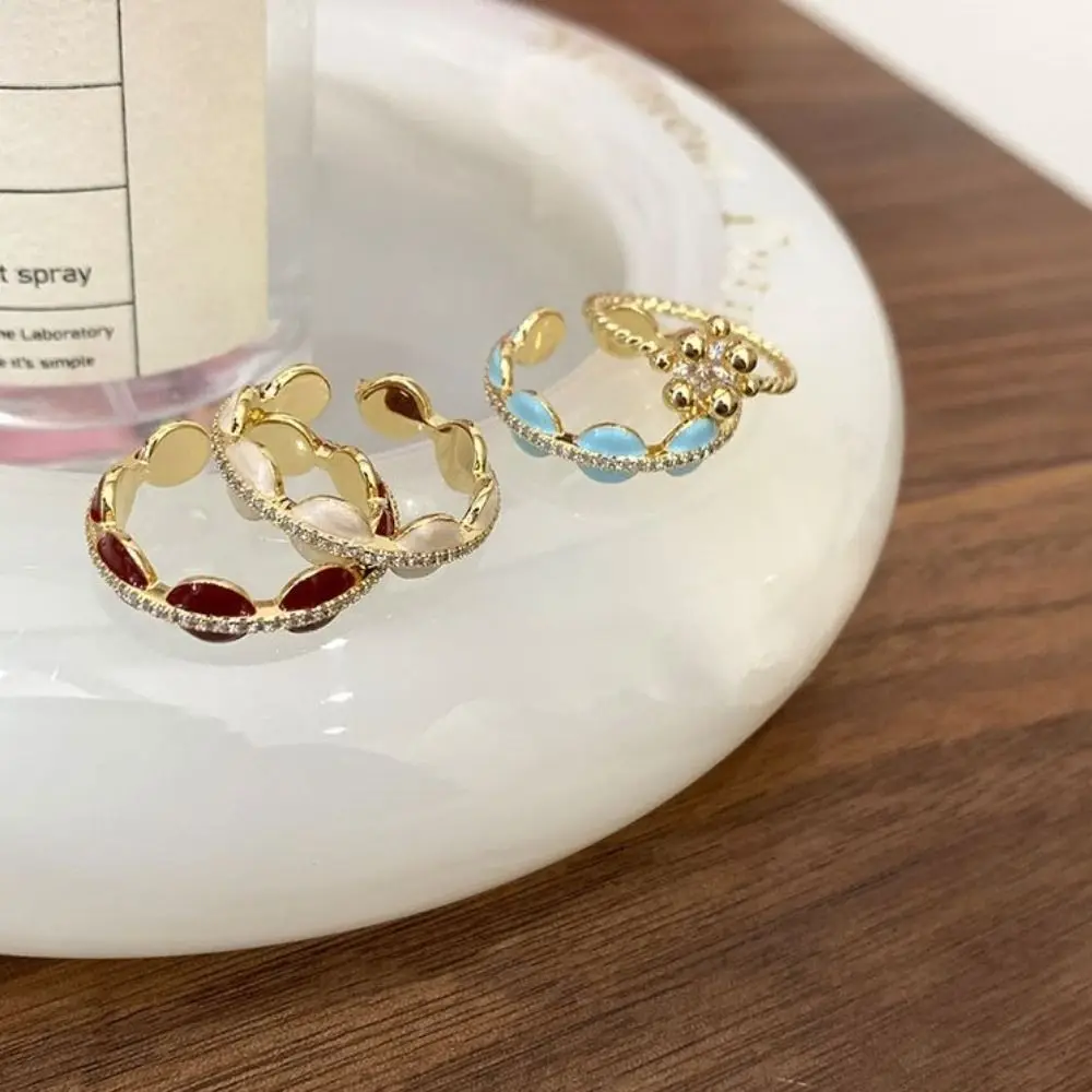 

Opening Finger Ring Women Korean Adjustable Zircon Round Geometric Couples Ring Enamel Dripping Oil Jewelry