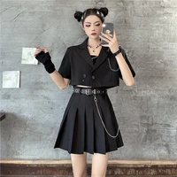 2022 summer new women jk uniform suits with chain fashion streetwear black two piece sets crop blazer mini pleated skirts