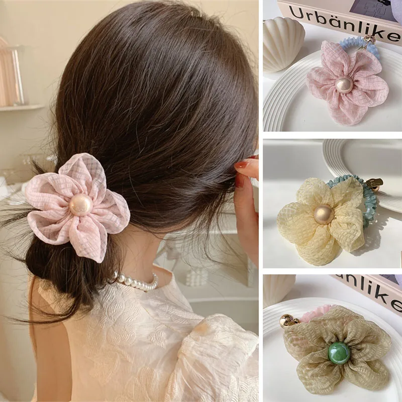 

Fashion Women cloth art Flower Elastic Hair Ring Girls Pearl Hair Bands Elastic Hair Rubber Bands Sweet Heawear hair accessories