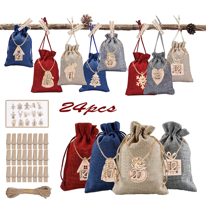 

1-24 Wooden Listing Labels Christmas 24 Days Advent Calendar Bags Set Christmas Drawstring Bags Gift DIY Embellishments Clips