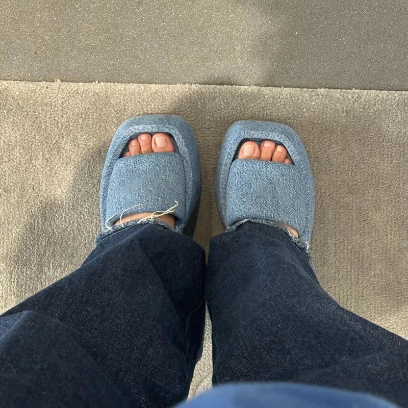 Denim Blue Square Toe Thick-Soled Slippers Women Summer 2023 Height-Increased Sandals Platform High-Heel Shoes for Women