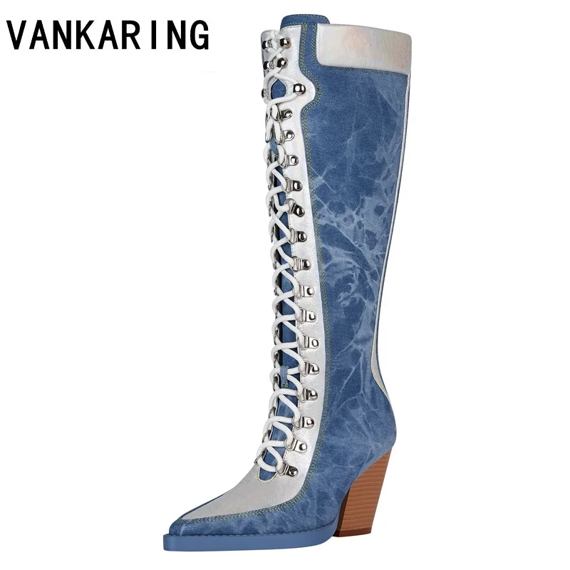 

Женские винтажные джинсовые сапоги до колена, на толстом высоком каблуке